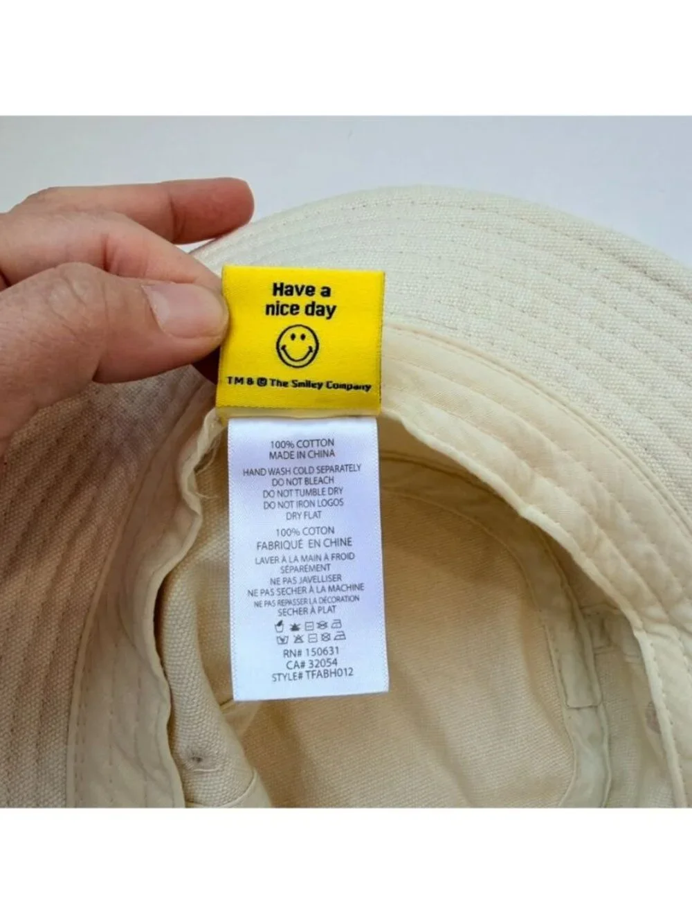 Smiley Face Embroidered Bucket Hat Cotton Beige
